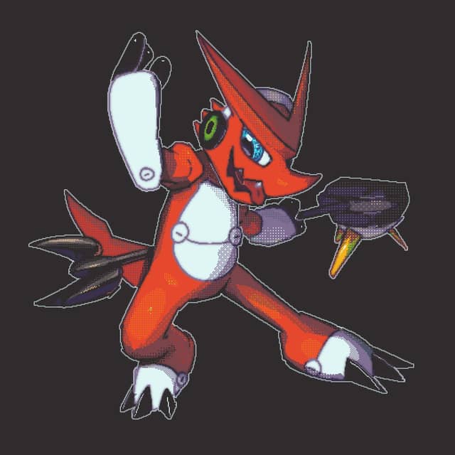 Example of a Pixel Art artwork showing a Fullbody drawing of Shoutmon from Digimon.