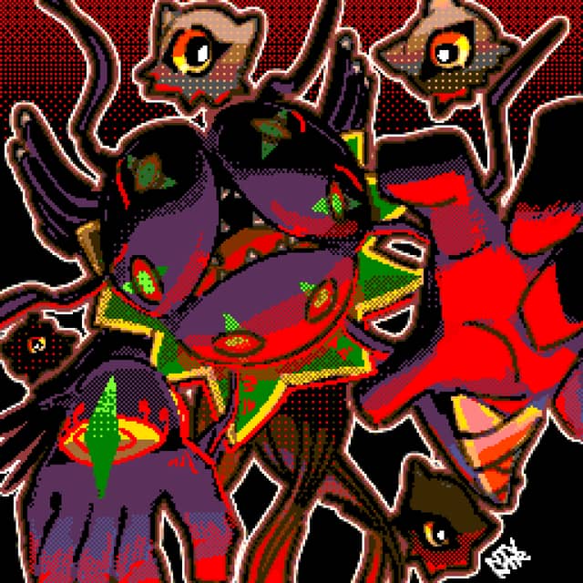 Example of a Pixel Art artwork showing a Thigh up drawing of Keramon-X from Digimon.