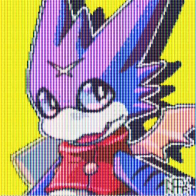 Example of a Pixel Art artwork with an LCD screen effect showing a Bust drawing of Gumdramon from Digimon.