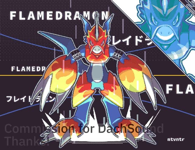 Example of a Pixel Art artwork showing a Fullbody drawing of Flamedramon From Digimon.