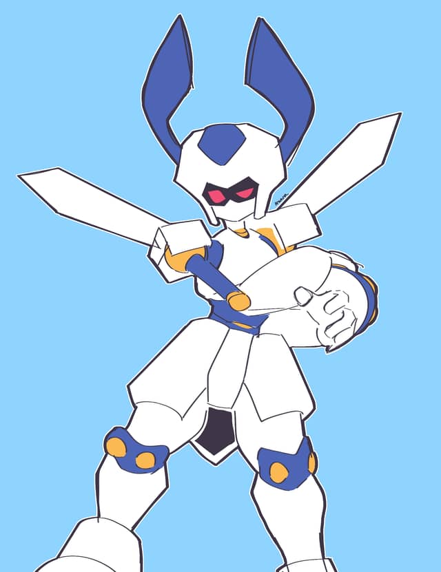Example of a Standard Flat artwork showing a Thigh up drawing of Rokusho from Medabots.