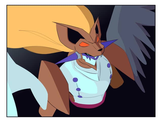 Example of a Standard Flat artwork showing a Waist up drawing of Duftmon from Digimon.