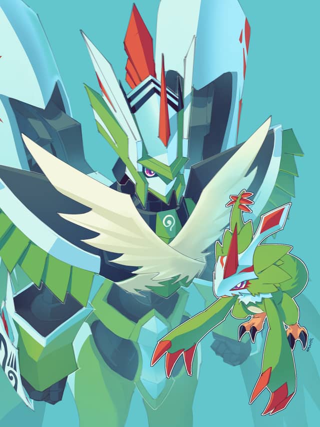 Example of a Standard Rendered artwork showing a Thigh up drawing of Zephagamon and a fullbody drawing of Pteromon from Digimon.