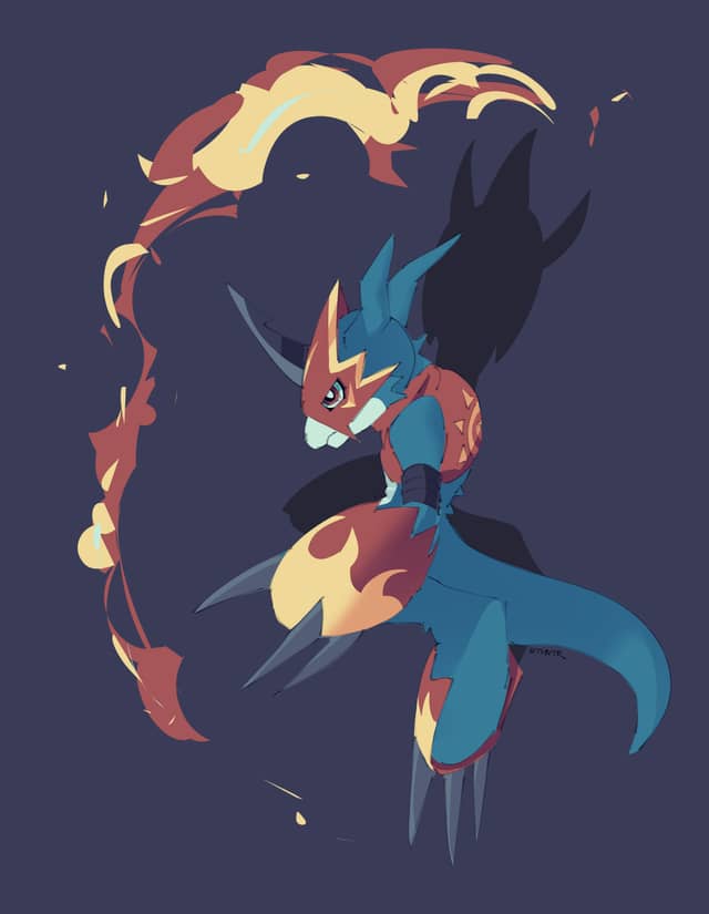 Example of a Standard Rendered artwork showing a less complex design Fullbody drawing of Flamedramon from Digimon.